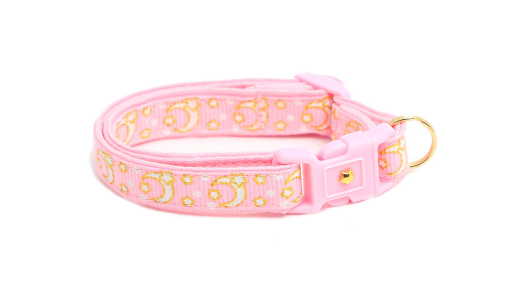 Moon Cat Collar - Gold Moons and Stars on Powder Pink  - Breakaway Cat Collar - Kitten or Large size - Glow in the Dark B152D204