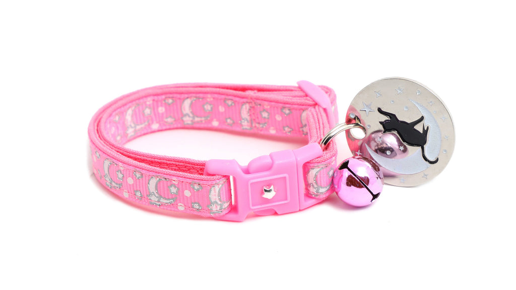 Moon Cat Collar - Silver Moons and Stars on Peony Pink - Breakaway Cat Collar - Kitten or Large size - Glow in the Dark B156D201