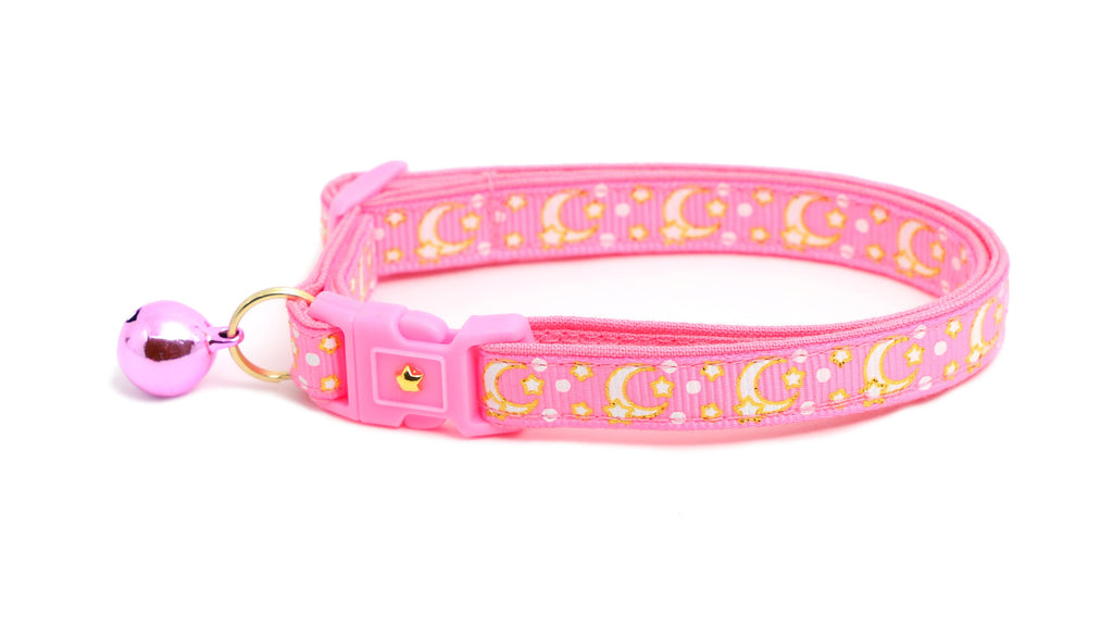 Moon Cat Collar - Gold Moons and Stars on Peony Pink  - Breakaway Cat Collar - Kitten or Large size - Glow in the Dark B160D204