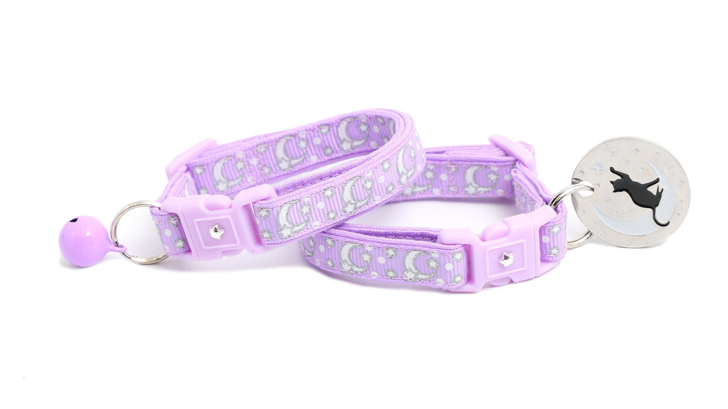 Moon Cat Collar - Silver Moons and Stars on Pastel Purple - Breakaway Cat Collar - Kitten or Large size - Glow in the Dark B145D201