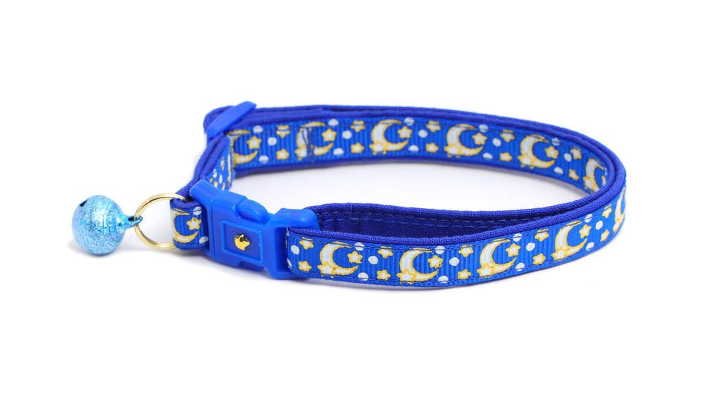 Moon Cat Collar - Gold Moons and Stars on Sapphire Blue - Breakaway Cat Collar - Kitten or Large size - Glow in the Dark B153D204