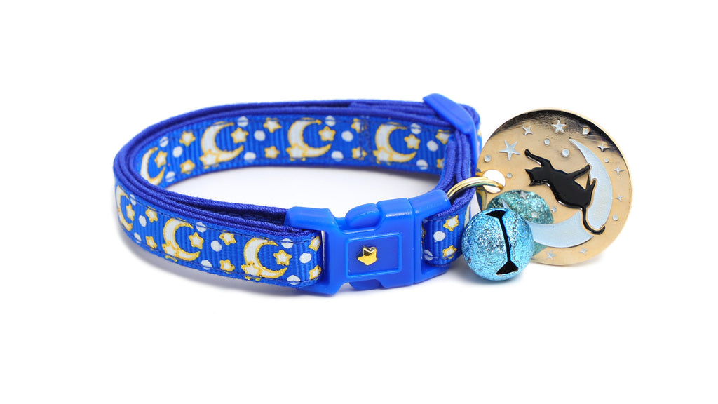 Moon Cat Collar - Gold Moons and Stars on Sapphire Blue - Breakaway Cat Collar - Kitten or Large size - Glow in the Dark B153D204