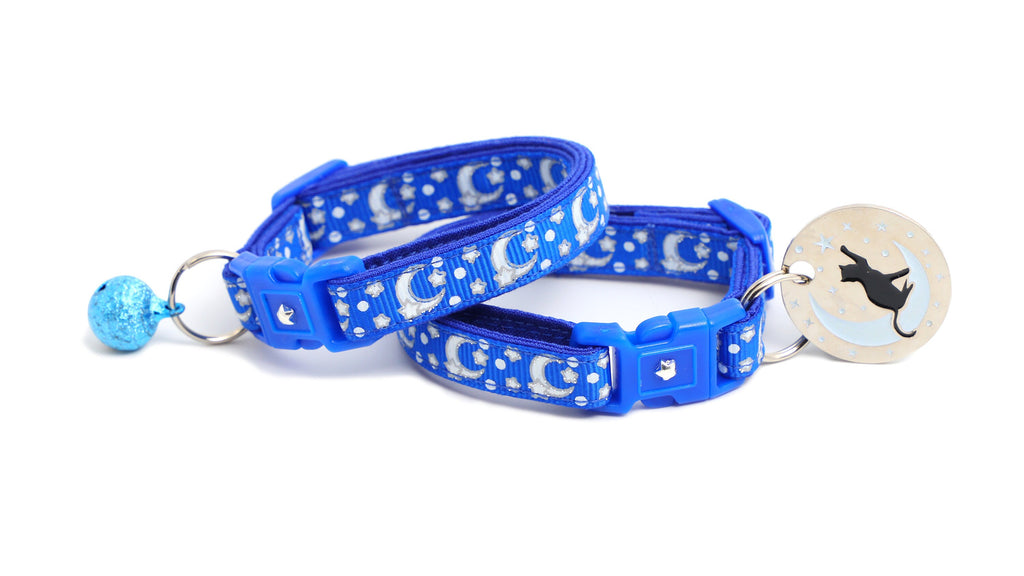Moon Cat Collar - Silver Moons and Stars on Sapphire Blue - Breakaway Cat Collar - Kitten or Large size - Glow in the Dark B158D201