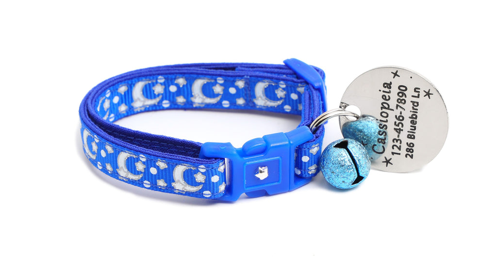 Moon Cat Collar - Silver Moons and Stars on Sapphire Blue - Breakaway Cat Collar - Kitten or Large size - Glow in the Dark B158D201