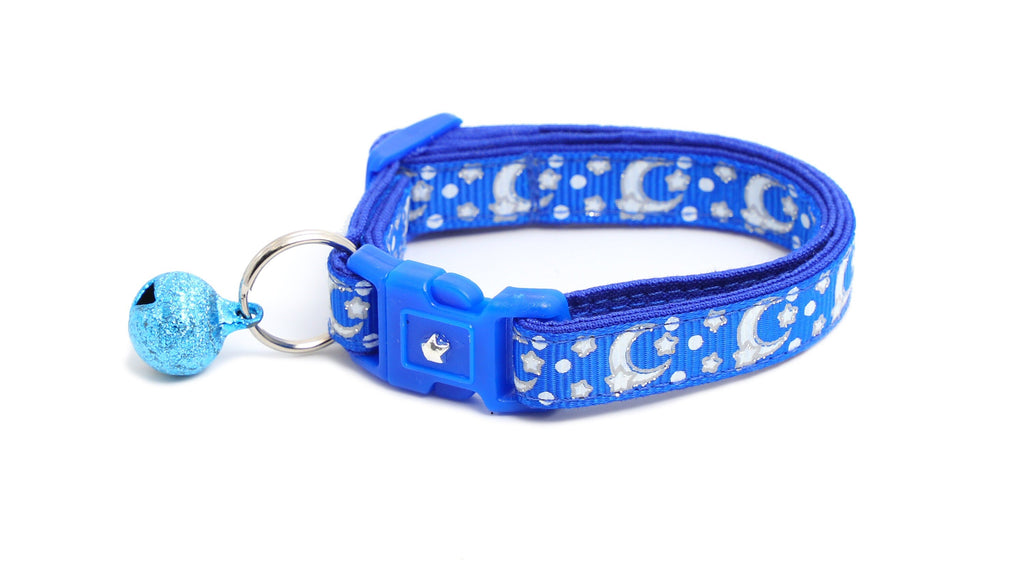 Moon Cat Collar - Silver Moons and Stars on Sapphire Blue - Breakaway Cat Collar - Kitten or Large size - Glow in the Dark B158D201