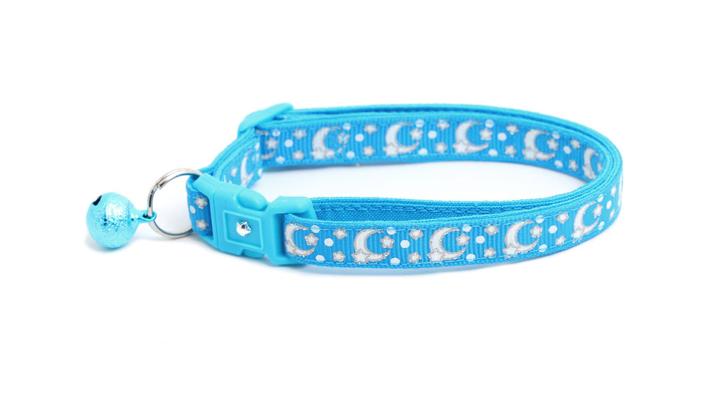 Moon Cat Collar - Silver Moons and Stars on Peacock Blue - Breakaway Cat Collar - Kitten or Large size - Glow in the Dark B159D201