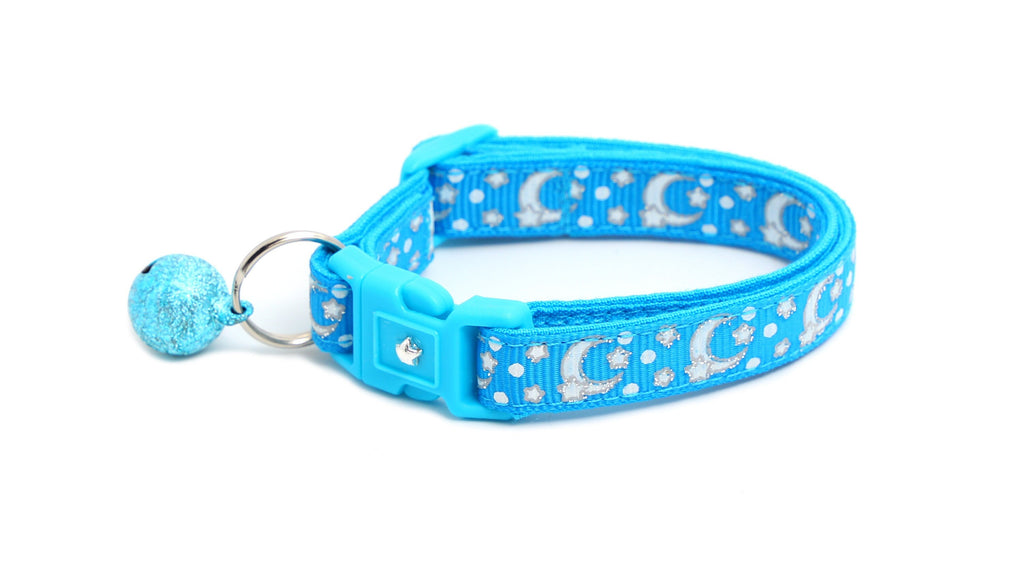 Moon Cat Collar - Silver Moons and Stars on Peacock Blue - Breakaway Cat Collar - Kitten or Large size - Glow in the Dark B159D201