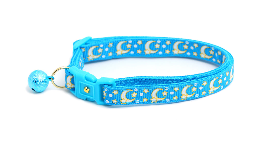 Moon Cat Collar - Gold Moons and Stars on Peacock Blue - Breakaway Cat Collar - Kitten or Large size - Glow in the Dark B147D204