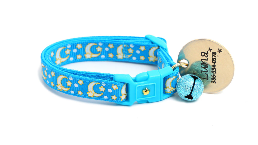 Moon Cat Collar - Gold Moons and Stars on Peacock Blue - Breakaway Cat Collar - Kitten or Large size - Glow in the Dark B147D204