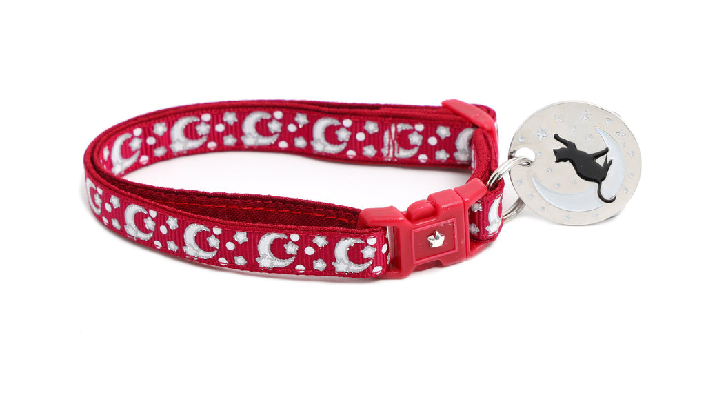 Moon Cat Collar - Silver Moons and Stars on Dark Red- Breakaway Cat Collar - Kitten or Large size - Glow in the Dark B157D201