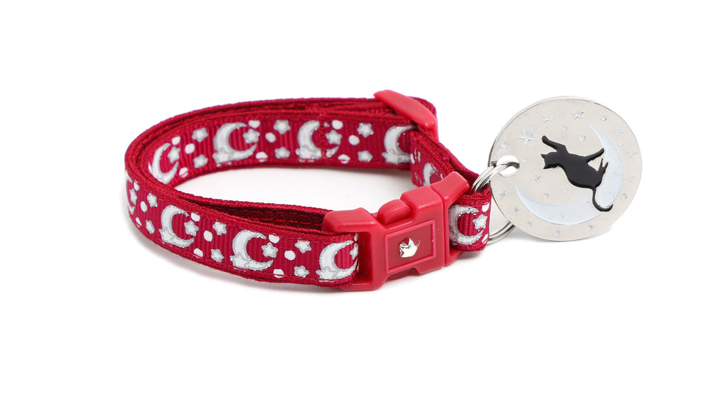 Moon Cat Collar - Silver Moons and Stars on Dark Red- Breakaway Cat Collar - Kitten or Large size - Glow in the Dark B157D201