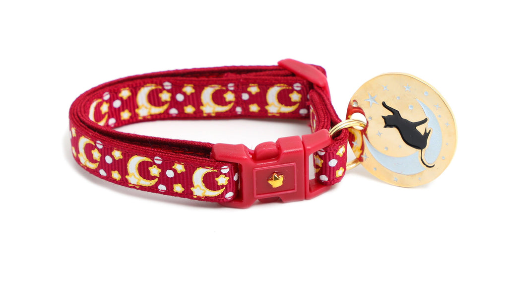 Moon Cat Collar - Gold Moons and Stars on Dark Red - Breakaway Cat Collar - Kitten or Large size - Glow in the Dark B146D204