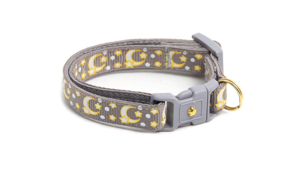 Moon Cat Collar - Gold Moons and Stars on Silver - Breakaway Cat Collar - Kitten or Large size - Glow in the Dark B171D204