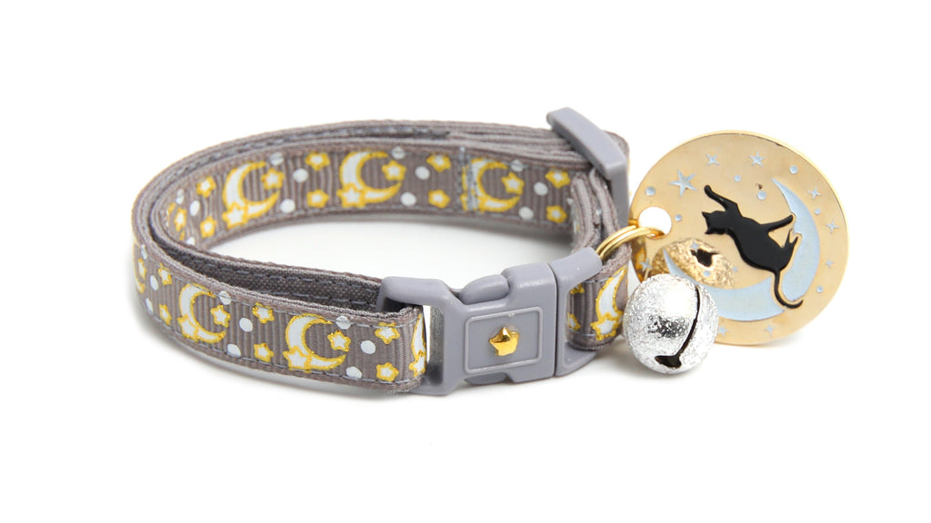 Moon Cat Collar - Gold Moons and Stars on Silver - Breakaway Cat Collar - Kitten or Large size - Glow in the Dark B171D204