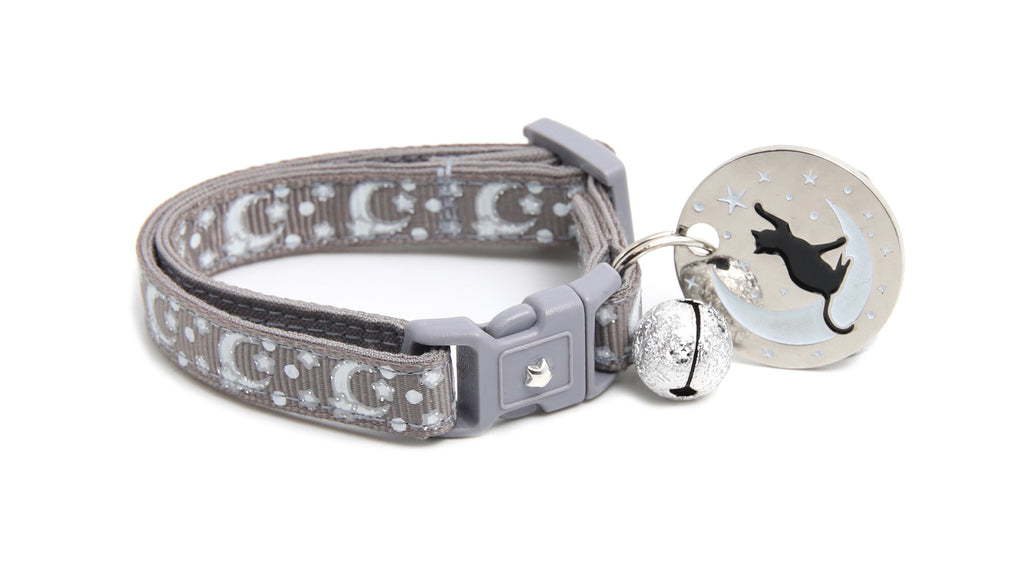 Moon Cat Collar - Silver Moons and Stars on Silver - Breakaway Cat Collar - Kitten or Large size - Glow in the Dark B165D201
