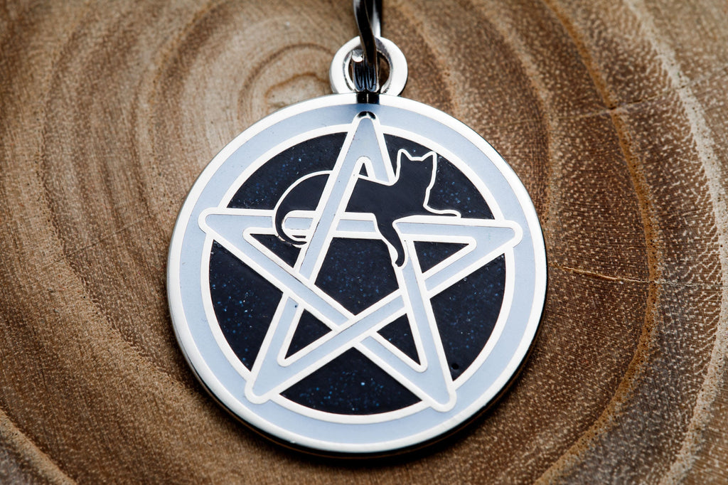 Engraved Wicca Cat ID Tag - Personalized Cat Pentagram ID Tag - Custom Wiccan Pet Name Tag -- Black