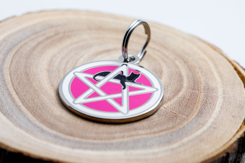 Engraved Wicca Cat ID Tag - Personalized Cat Pentagram ID Tag - Custom Wiccan Pet Name Tag -- Pink