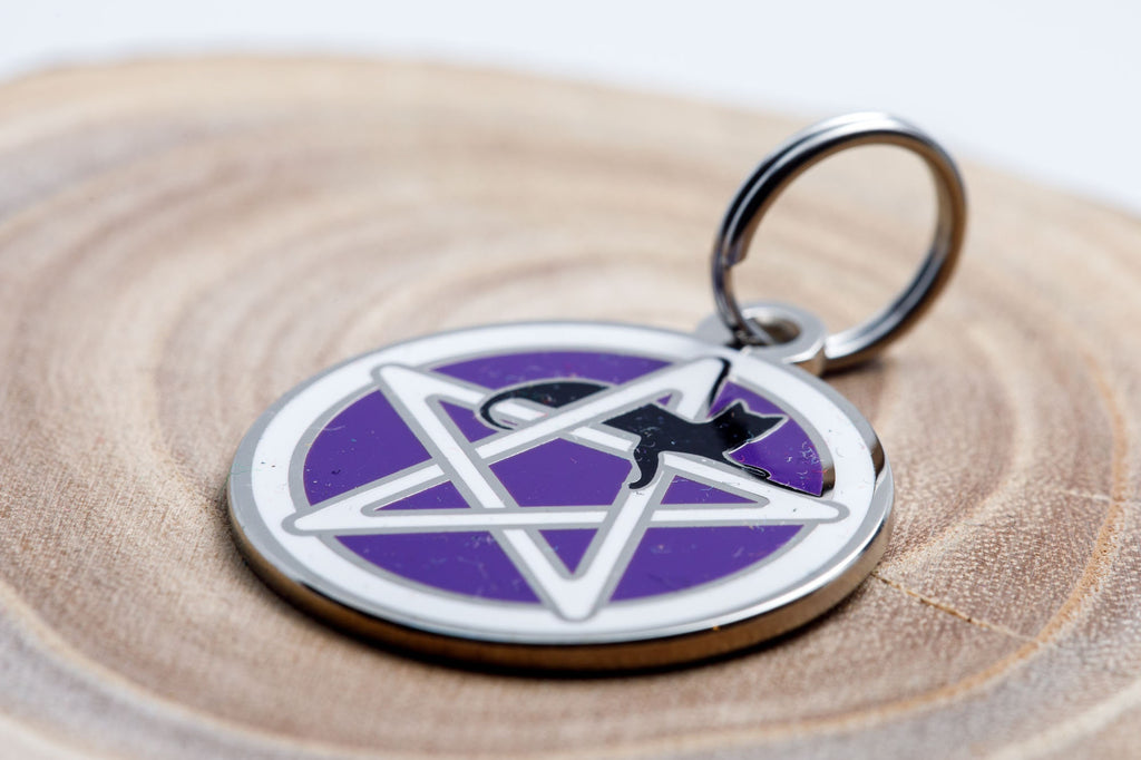 Engraved Wicca Cat ID Tag - Personalized Cat Pentagram ID Tag - Custom Wiccan Pet Name Tag -- Purple