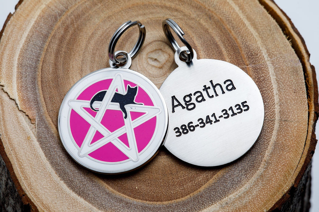 Engraved Wicca Cat ID Tag - Personalized Cat Pentagram ID Tag - Custom Wiccan Pet Name Tag -- Pink