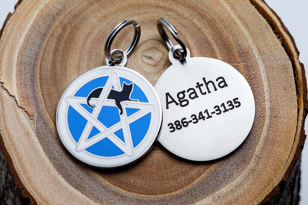 Engraved Wicca Cat ID Tag - Personalized Cat Pentagram ID Tag - Custom Wiccan Pet Name Tag -- Blue
