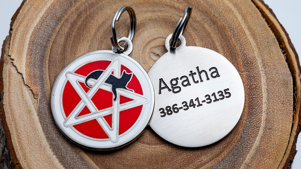 Engraved Wicca Cat ID Tag - Personalized Cat Pentagram ID Tag - Custom Wiccan Pet Name Tag -- Red