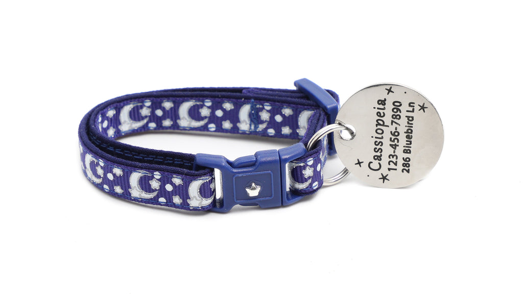 Moon Cat Collar - Silver Moons and Stars on Navy Blue - Breakaway Cat Collar - Kitten or Large size - Glow in the Dark B45D201