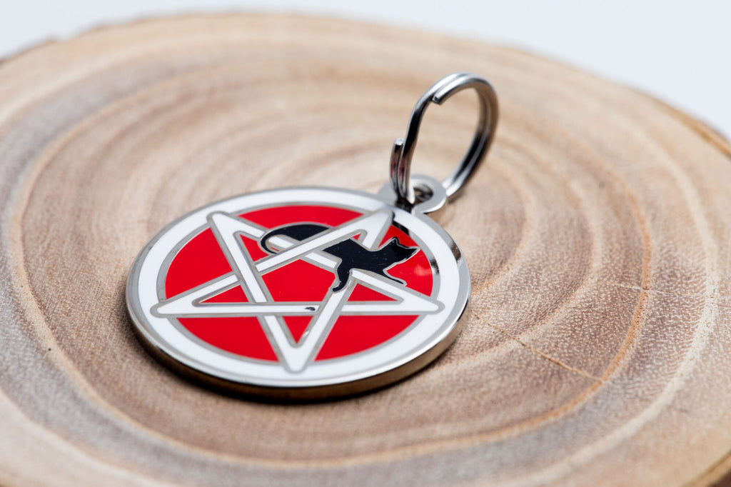 Engraved Wicca Cat ID Tag - Personalized Cat Pentagram ID Tag - Custom Wiccan Pet Name Tag -- Red