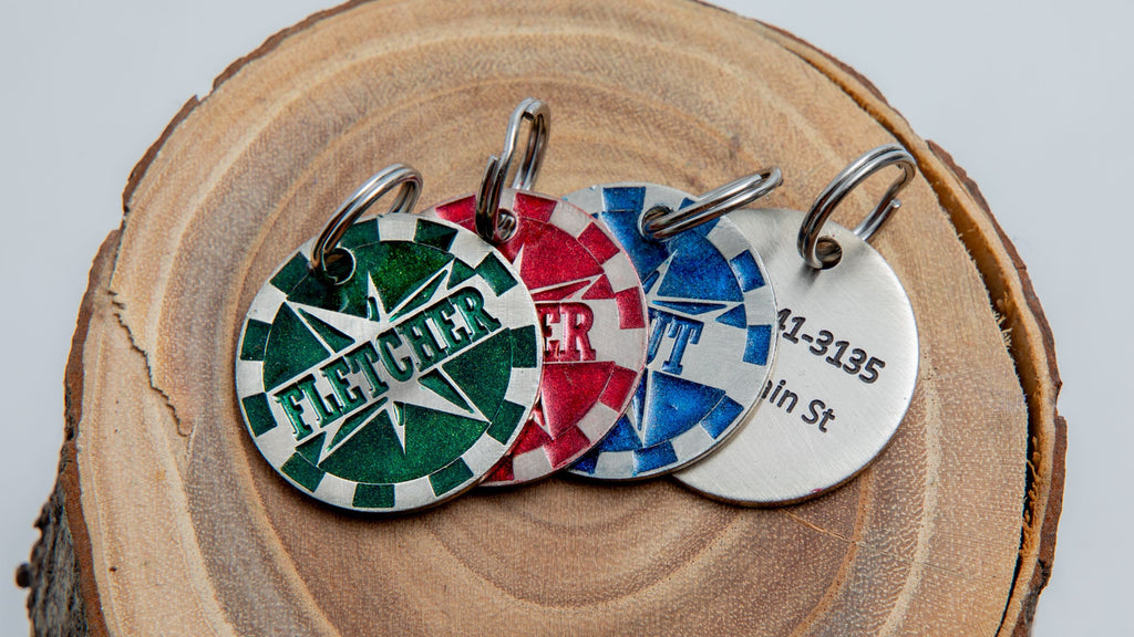 Engraved Compass Rose Pet ID Tag - Red, Green, or Blue - Personalized Adventure Cat or Dog Name Tag