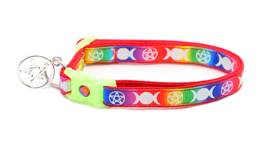 Wicca Cat Collar - Witch's Familiar on Rainbow - Breakaway Cat Collar - Kitten or Large size - Glow in the Dark B130D31