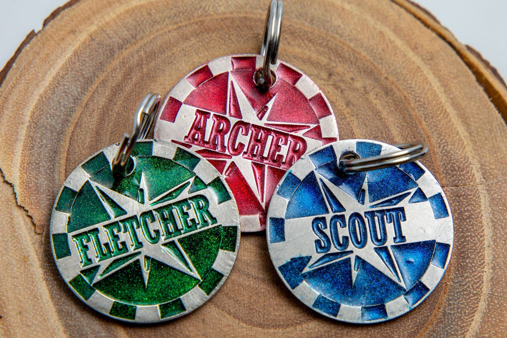 Engraved Compass Rose Pet ID Tag - Red, Green, or Blue - Personalized Adventure Cat or Dog Name Tag