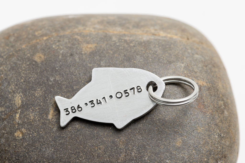 Custom Double Sided Cat Tag - 1" Aluminum Fish Pet Tag - Hand Stamped Pet ID Tag