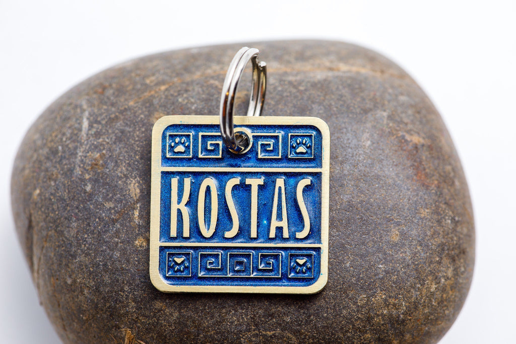 Engraved Greek Style Pet ID Tag - Personalized Cat or Dog Name Tag - Royal Blue - Customizable