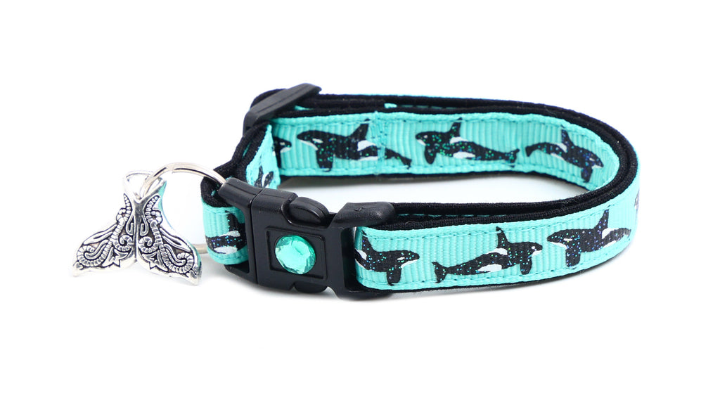 Whale Cat Collar - Orcas on Aqua - Small Cat / Kitten Size or Large Size B78D70