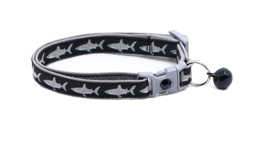 Shark Cat Collar - Great White Sharks on Black - Kitten or Large Size - Nautical B152D161