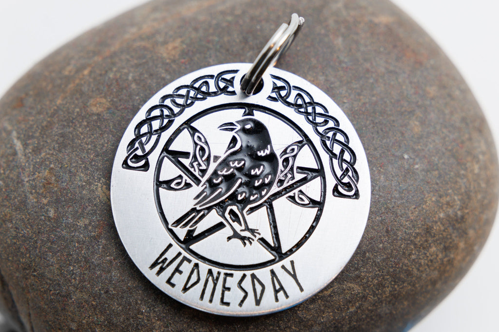 Wicca Raven Pet ID Tag - Personalized Cat or Dog Name Tag - Wiccan Moon ID tag - Pentagram Pet Tag - Customizable