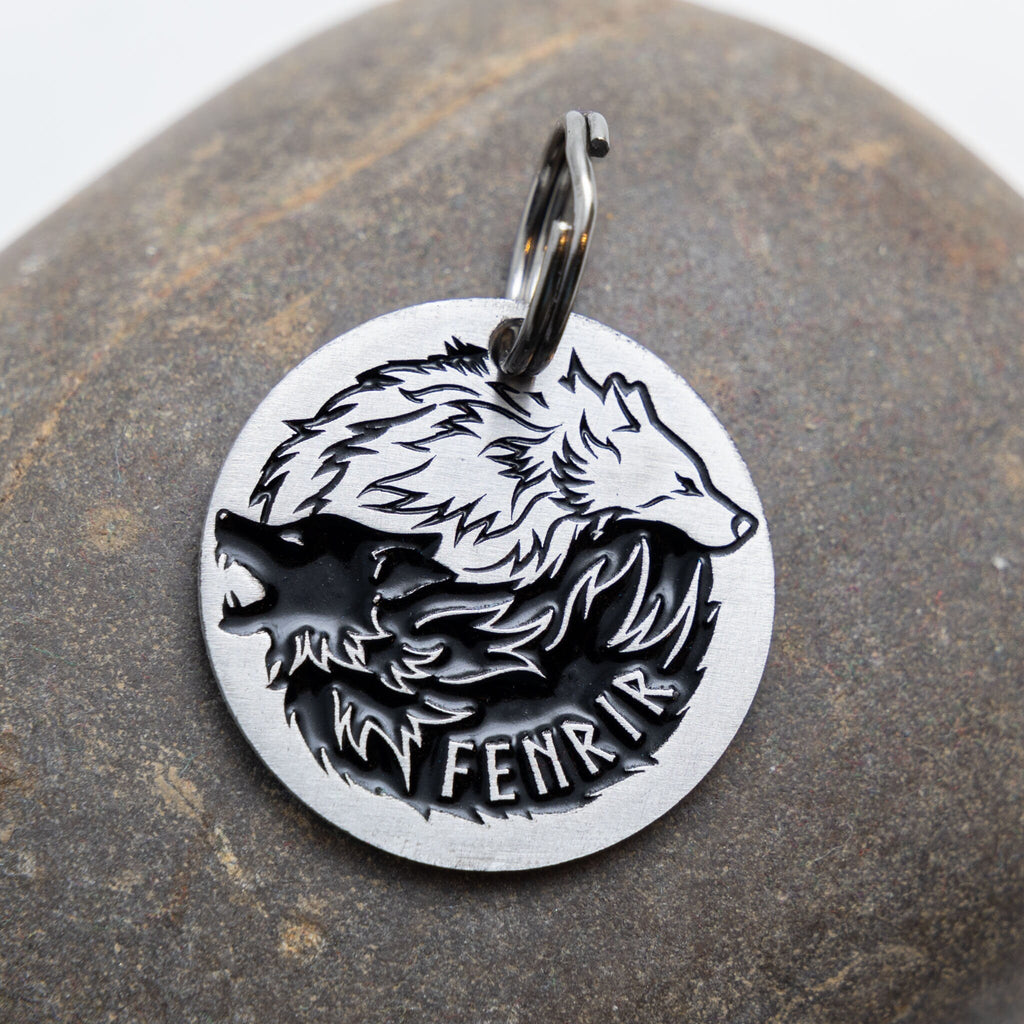 Engraved Wolf Yin Wang Pet ID Tag - Personalized Cat or Dog Name Tag - Wolves ID tag - Customizable