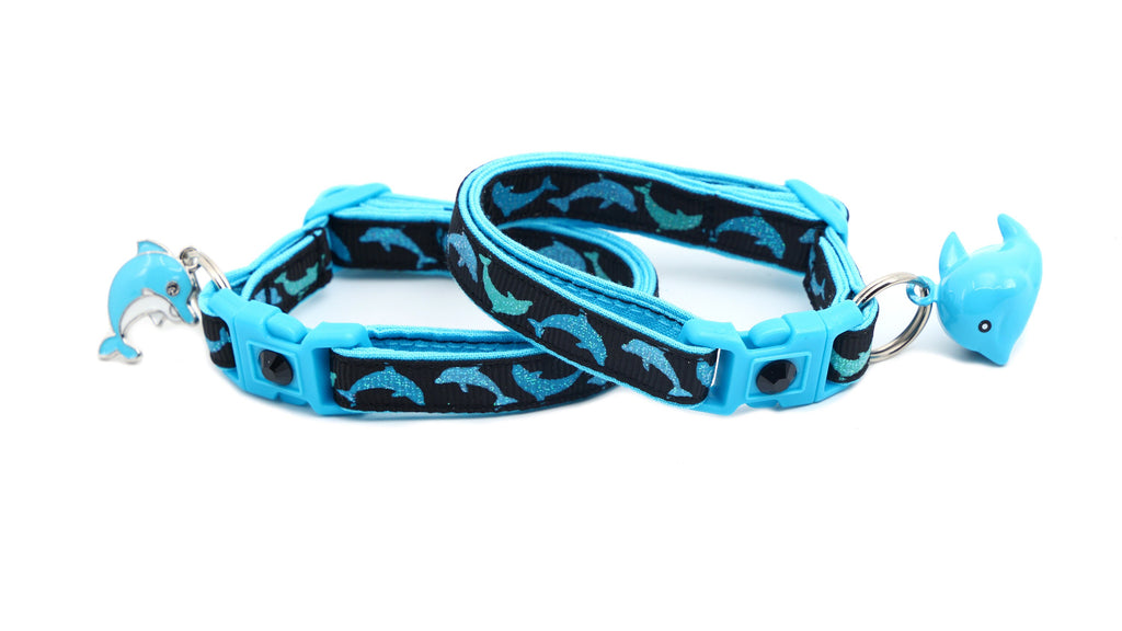 Dolphin Cat Collar - Jumping Dolphins on Black - Breakaway - Safety - B140D210