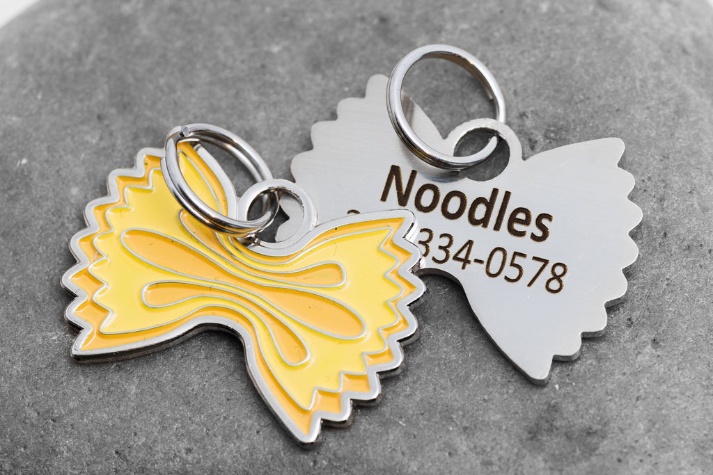 Engraved Pasta Pet ID Tag - Personalized Cat or Dog Noodle ID Tag - Custom Bow Tie (Farfalle) Pet Name Tag