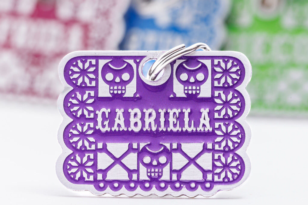 Engraved Mexican Papel Picado Style Pet ID Tag - Personalized Mexican Paper Banner Style Cat or Dog ID tag