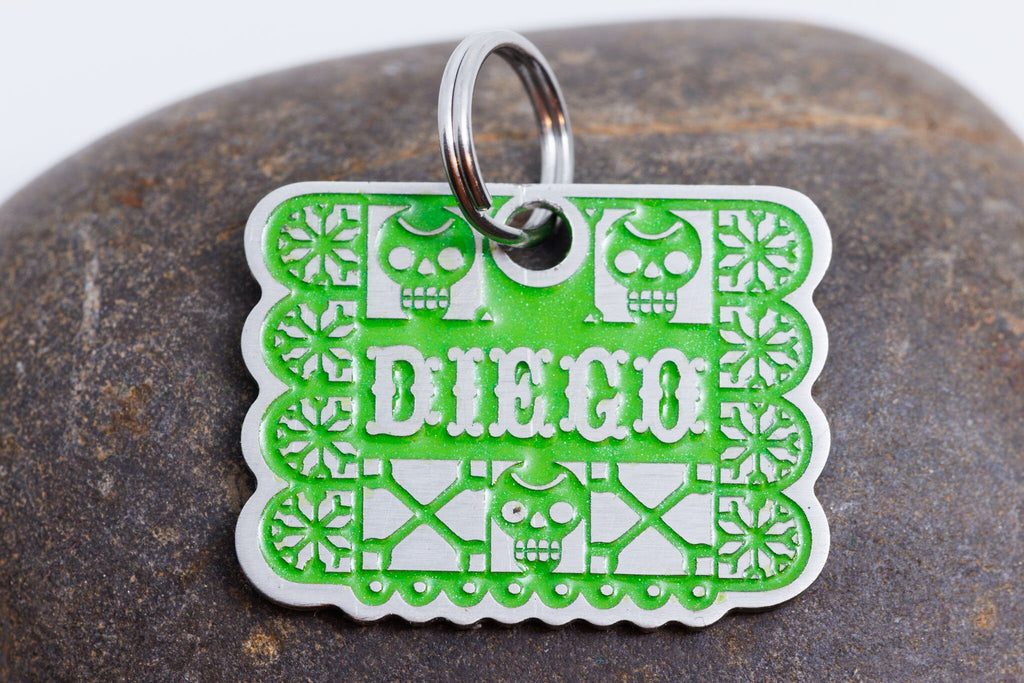 Engraved Mexican Papel Picado Style Pet ID Tag - Personalized Mexican Paper Banner Style Cat or Dog ID tag