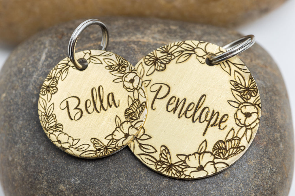 Engraved Butterfly and Blossom Pet ID Tag - Floral Pet Name Tag - Flower cat and Dog ID Tag - Vernal Pet Tag
