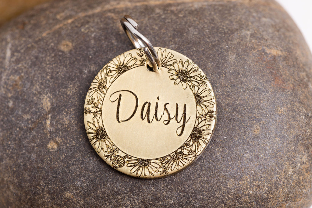 Engraved Flower Pet ID Tag - Floral Pet Name Tag - Daisy cat and Dog ID Tag - Vernal Pet Tag