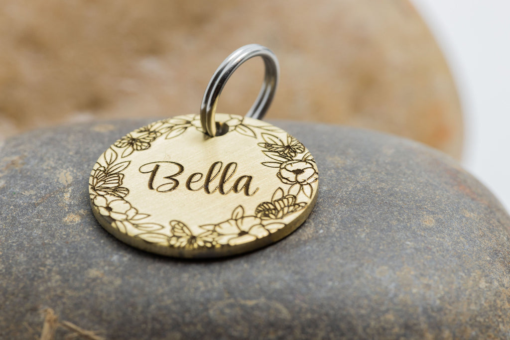 Engraved Butterfly and Blossom Pet ID Tag - Floral Pet Name Tag - Flower cat and Dog ID Tag - Vernal Pet Tag