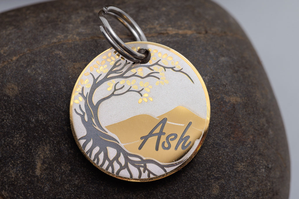 Tree and Mountains Stainless Steel Pet ID Tag - Personalized Cat or Dog Name Tag - Customize with your Pet's Name and Information