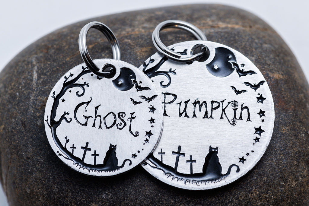 Spooky Cat ID Tag - Personalized with Your Pet's Name and Deep Engraved - Halloween Pet Tag