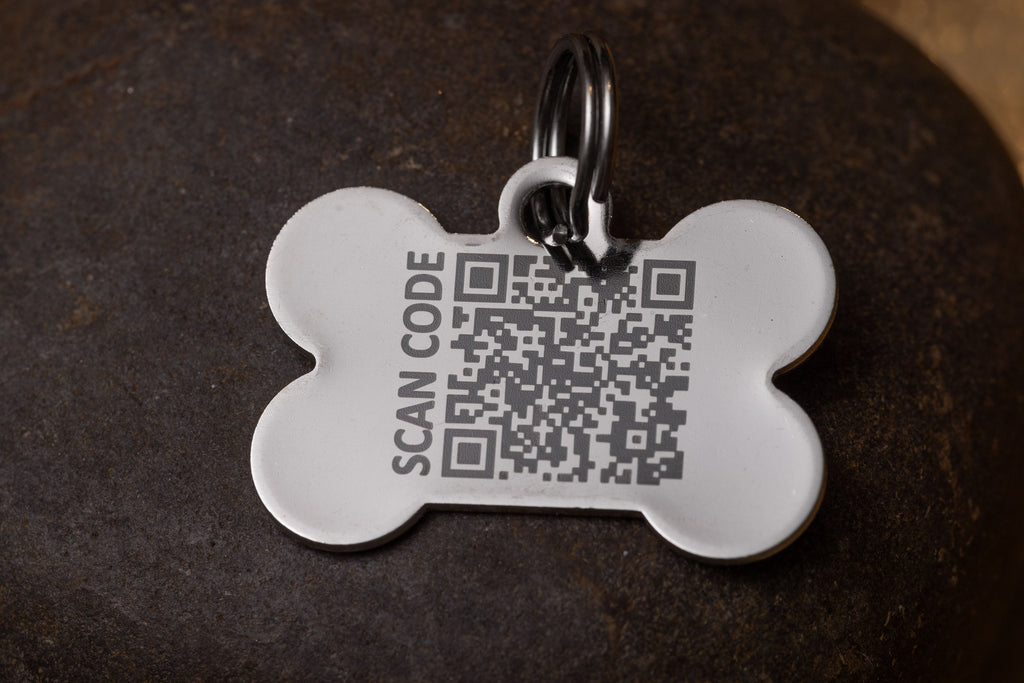 QR Code Stainless Steel (silver colored) Dog Bone ID tag - QR Pet Tag - PingTag Membership Included