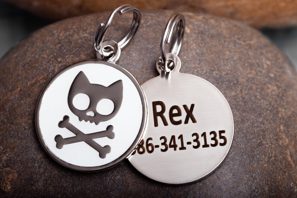 Engraved Glow-in-the-dark Skull and crossbones cat ID Tag