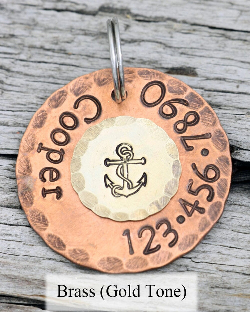 Custom Dog Tag - Nautical Anchor - 1" Copper Dog ID Tag - Hand Stamped Cat Id Tag