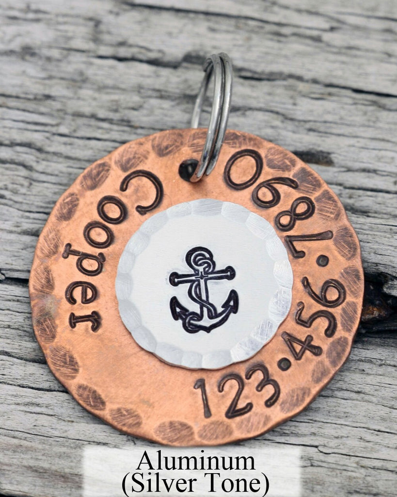 Custom Dog Tag - Nautical Anchor - 1" Copper Dog ID Tag - Hand Stamped Cat Id Tag
