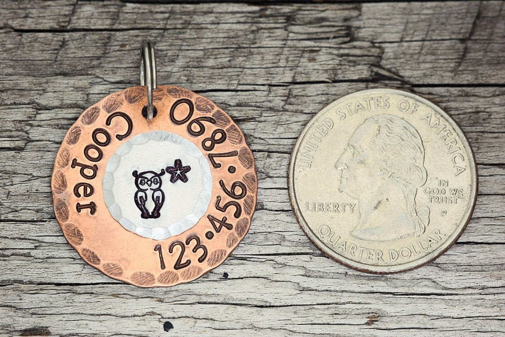 Stamped pet Tag - Owl and star - 1" Copper Dog ID Tag - Hand Stamped Cat ID Tag
